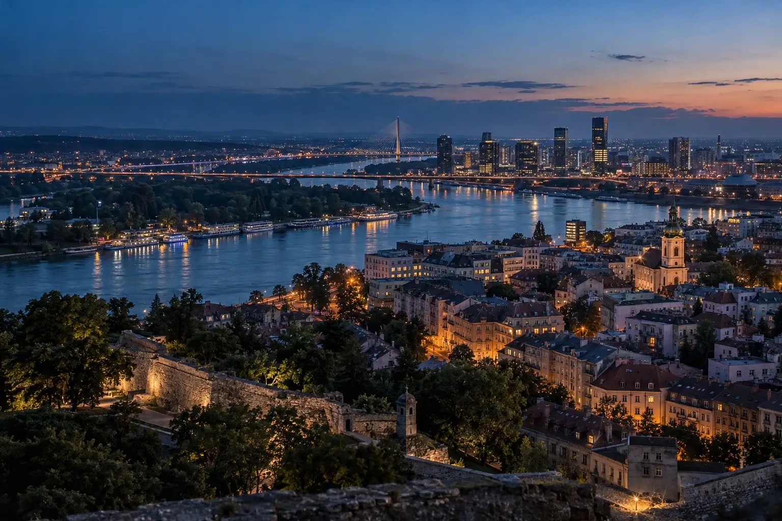 Panorama Beograda i reka u sumrak